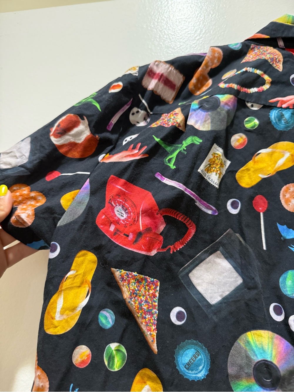 Women’s Dangerfield “Old Days” Button Down Shirt w/ Multicolor Novelty Print, 10